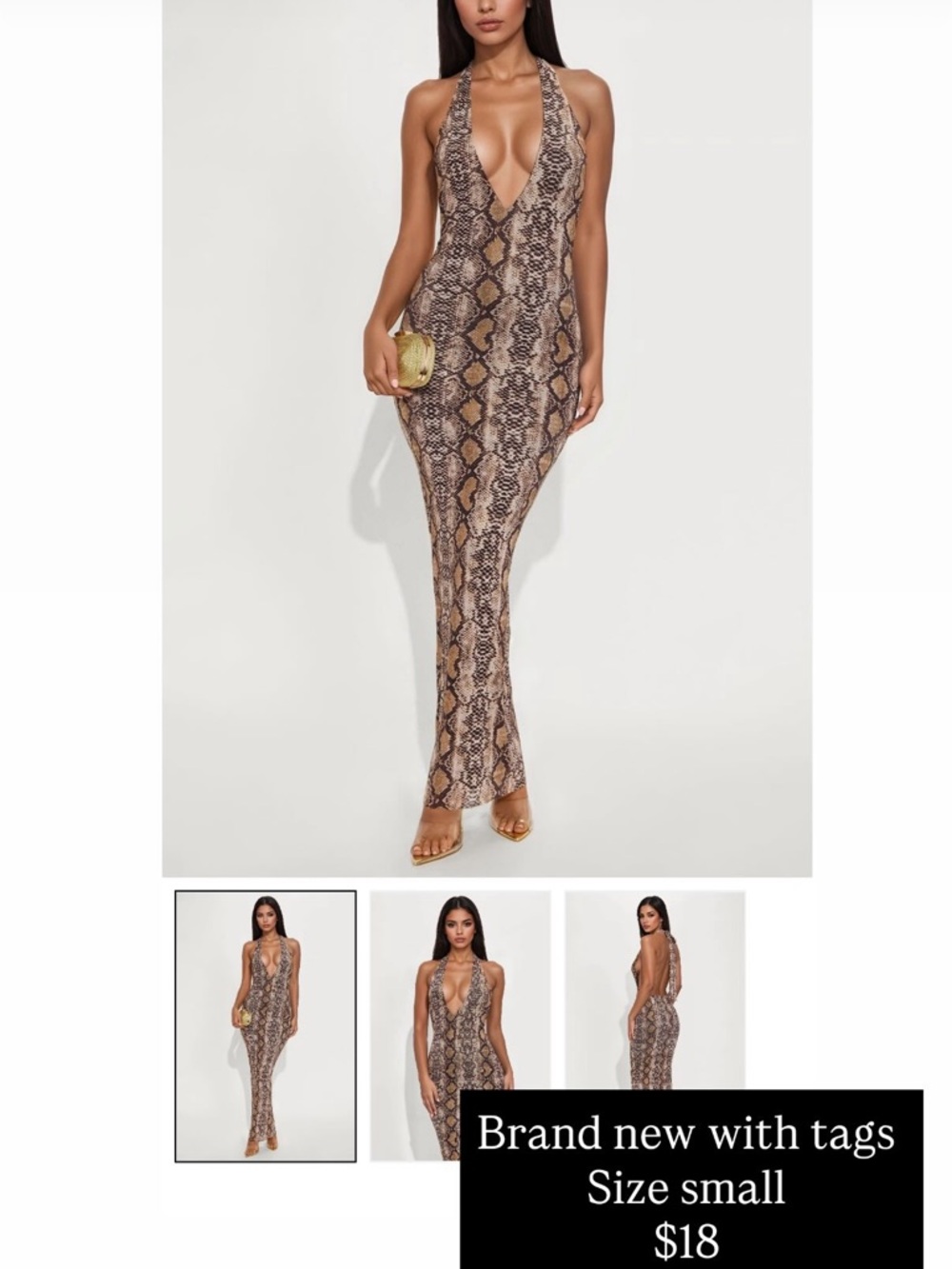 Snake Print Halter Maxi Dress - Brown